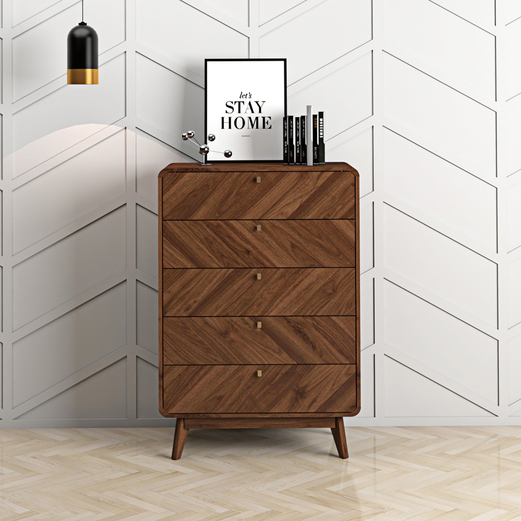 Brown chest of drawers in a modern hallway.