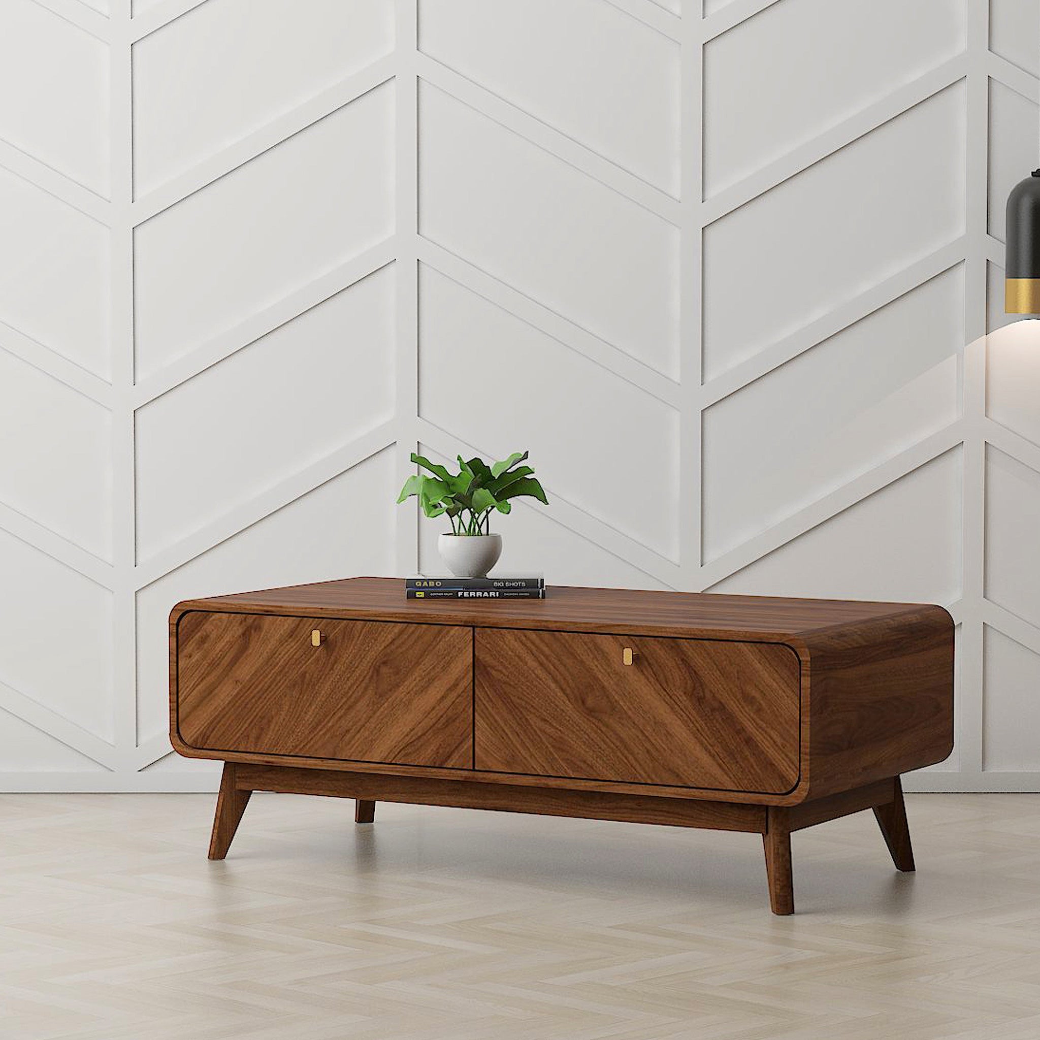 Brown coffee table in a modern living room.