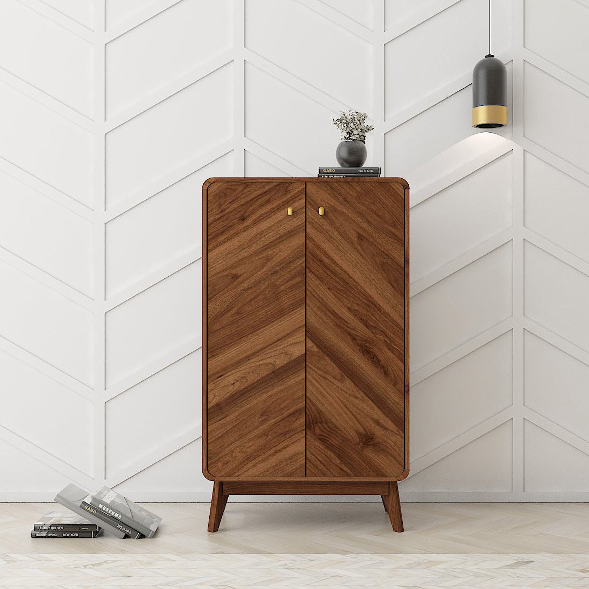 Brown Shoe Cabinet in a Hallway.