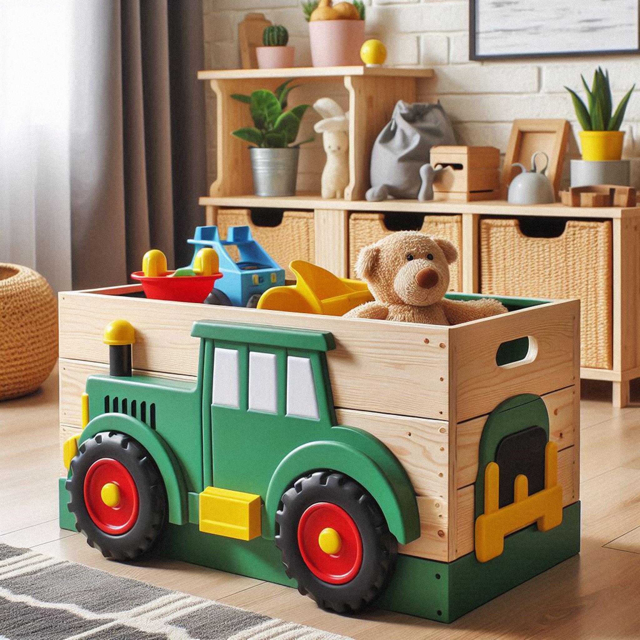 Tractor themed toybox in a child's playroom.