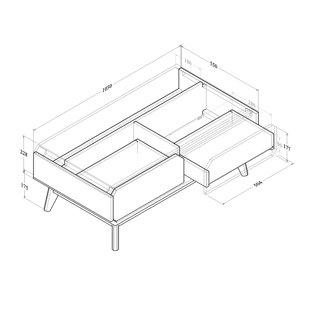 All internal and external dimensions of the coffee table.