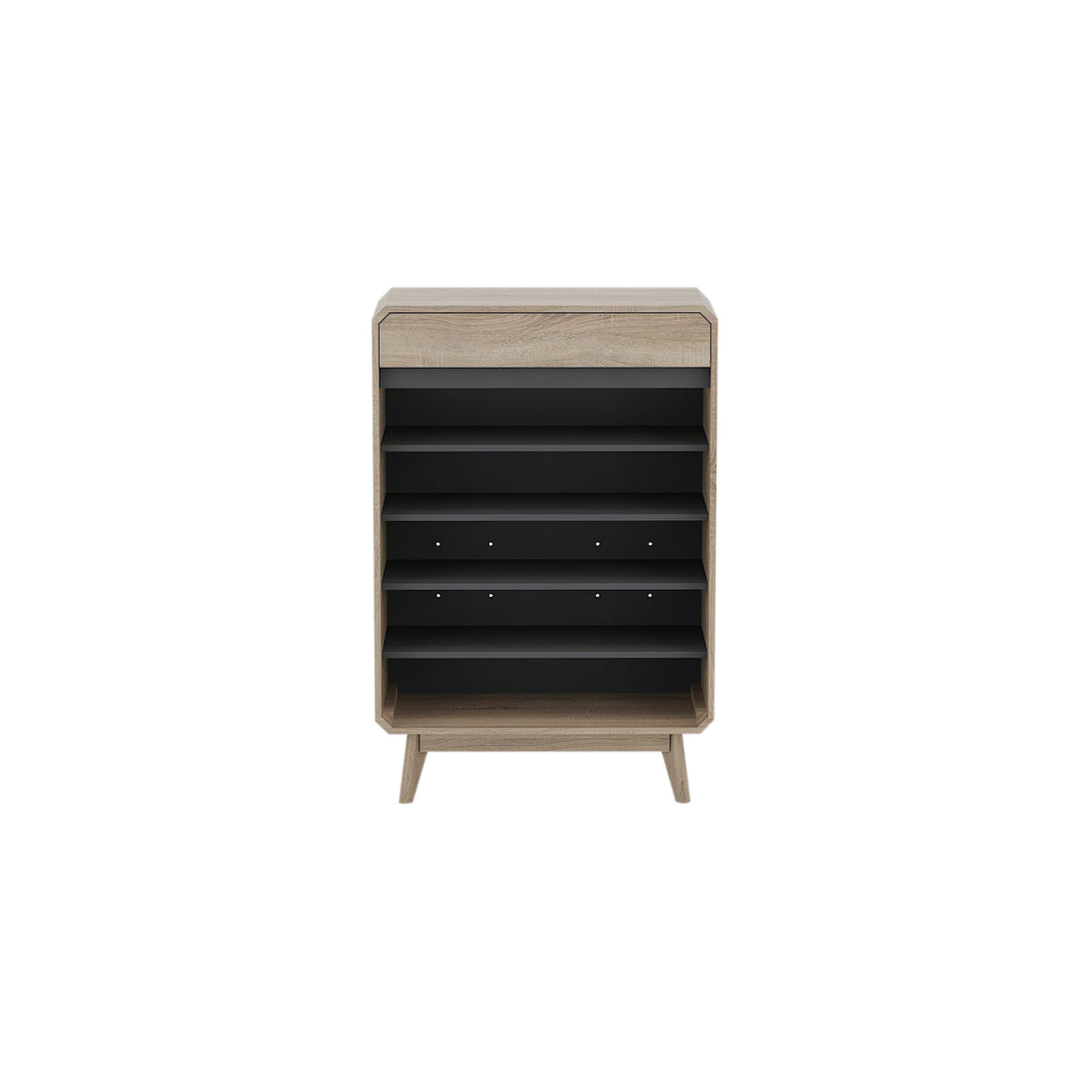Inside of the shoe cupboard. It shows the 5 internal shelves and 1 drawer.