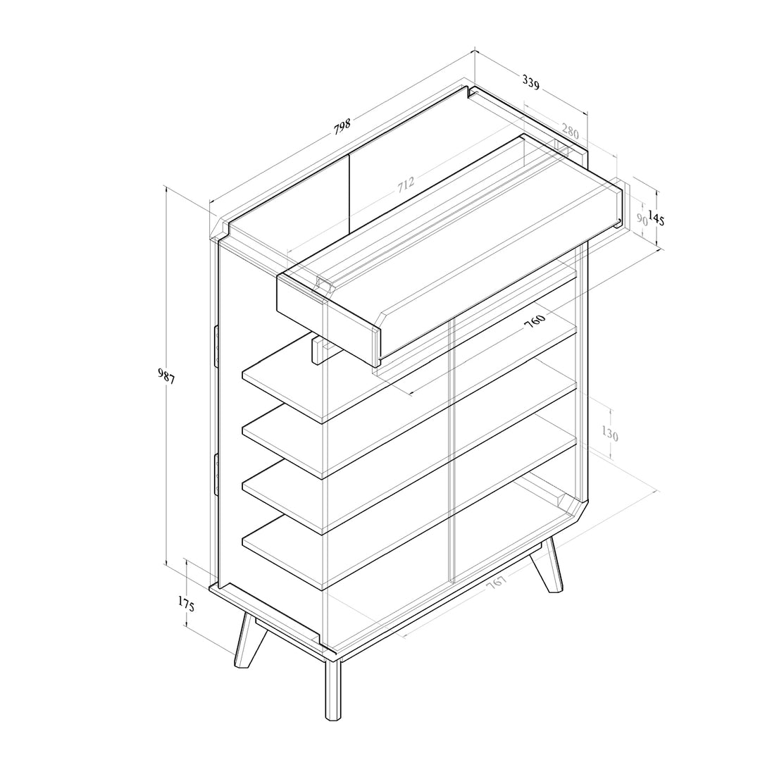 All internal and external dimensions of the shoe cupboard.