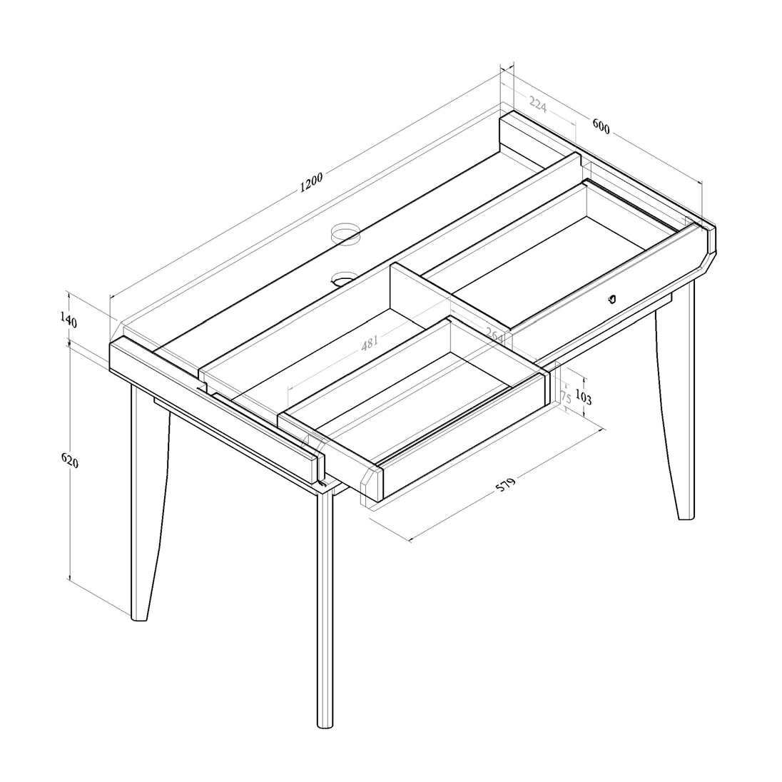 All internal and external dimensions of the desk or dressing table.