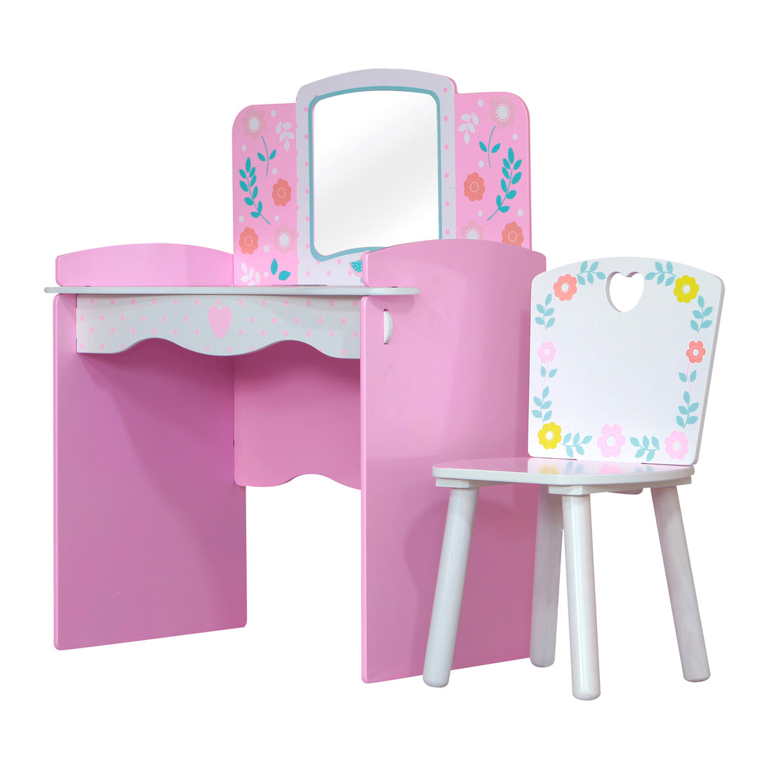 Another side view of the dressing table and chair, but they are by each others side.