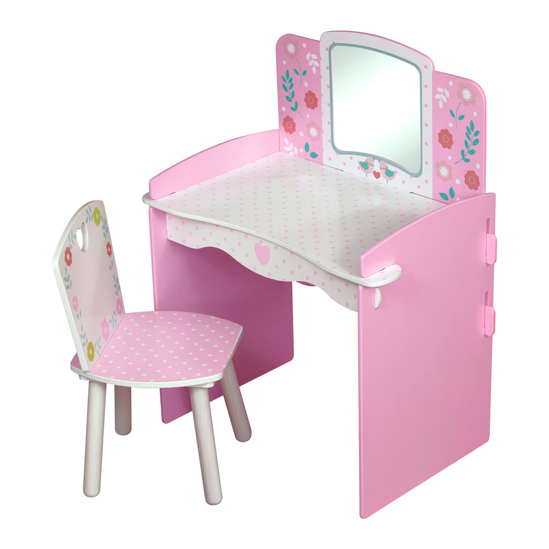 Top view of the dressing table and chair. It shows off the floral design on both products.