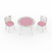 A white toddler table and 2 chair furniture set. It shows the pink polka dot and multi-colour floral pattern designed graphics.