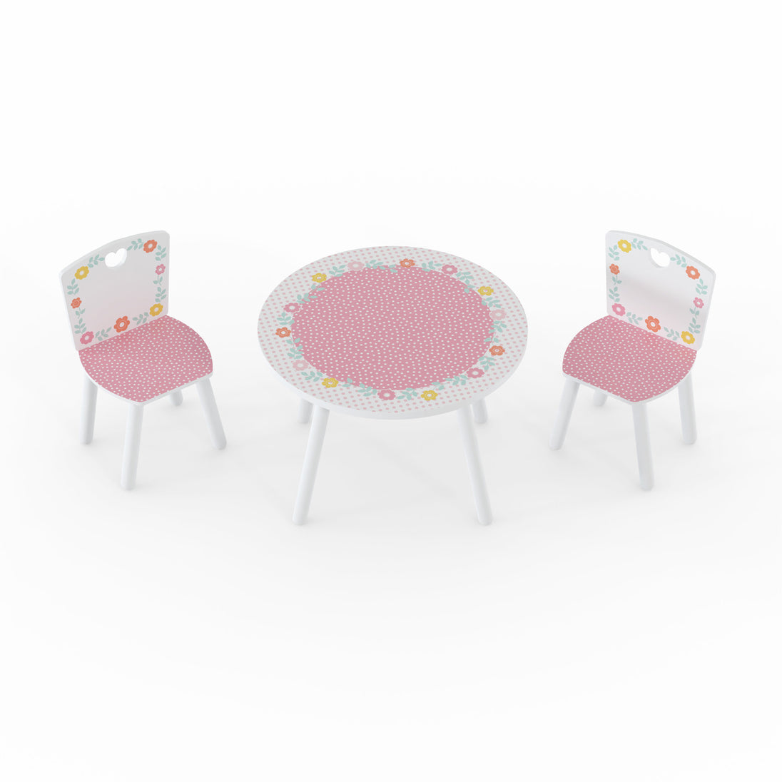 A white toddler table and 2 chair furniture set. It shows the pink polka dot and multi-colour floral pattern designed graphics.