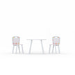 Toddler table and 2 chair set as if you were looking at it from the front, at ground level.