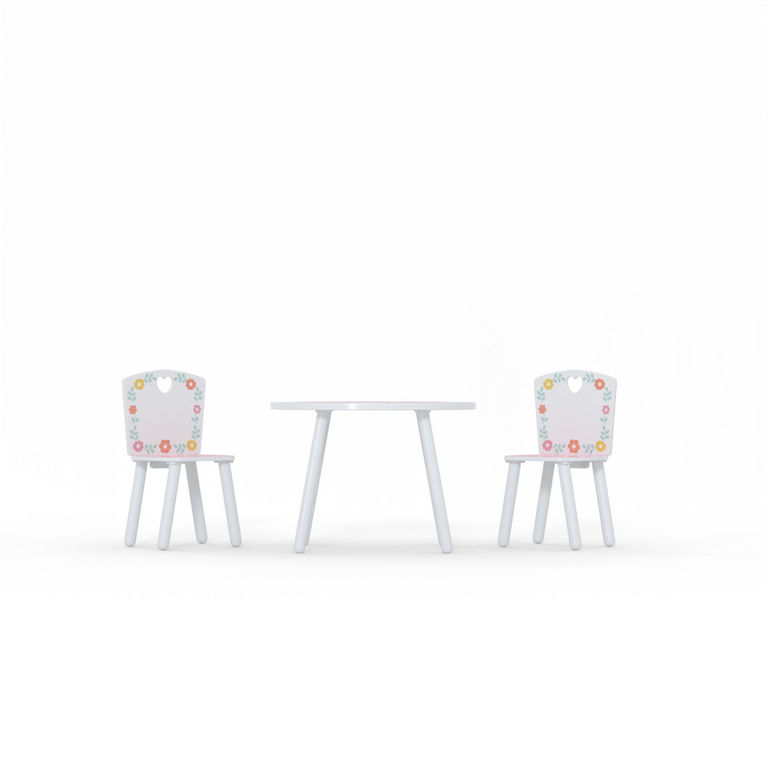Toddler table and 2 chair set as if you were looking at it from the front, at ground level.