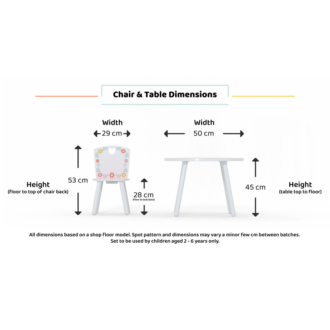 All the dimensions of the table and chairs. The height from the floor to seat base etc.