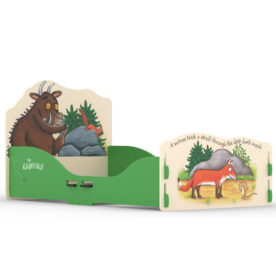 Side view of The Gruffalo Toddler Bed.