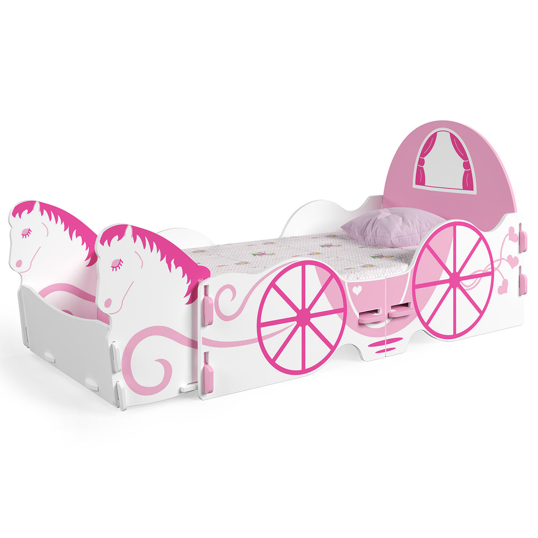 White bed frame shaped like a princesses carriage. It shows off the pink illustrated cart graphics and comes with a detachable horse toy box at the front.