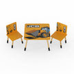 A yellow toddler table and 2 chair furniture set. It shows the digger cartoon character 'Joey' on the table top and black JCB logo graphics on the chairs.