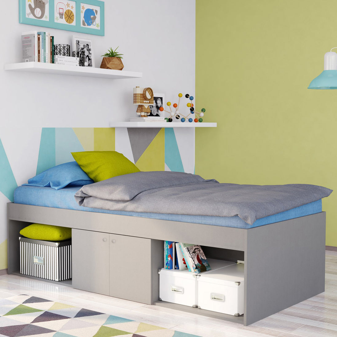 Bed frame in a modernly decorated bedroom.