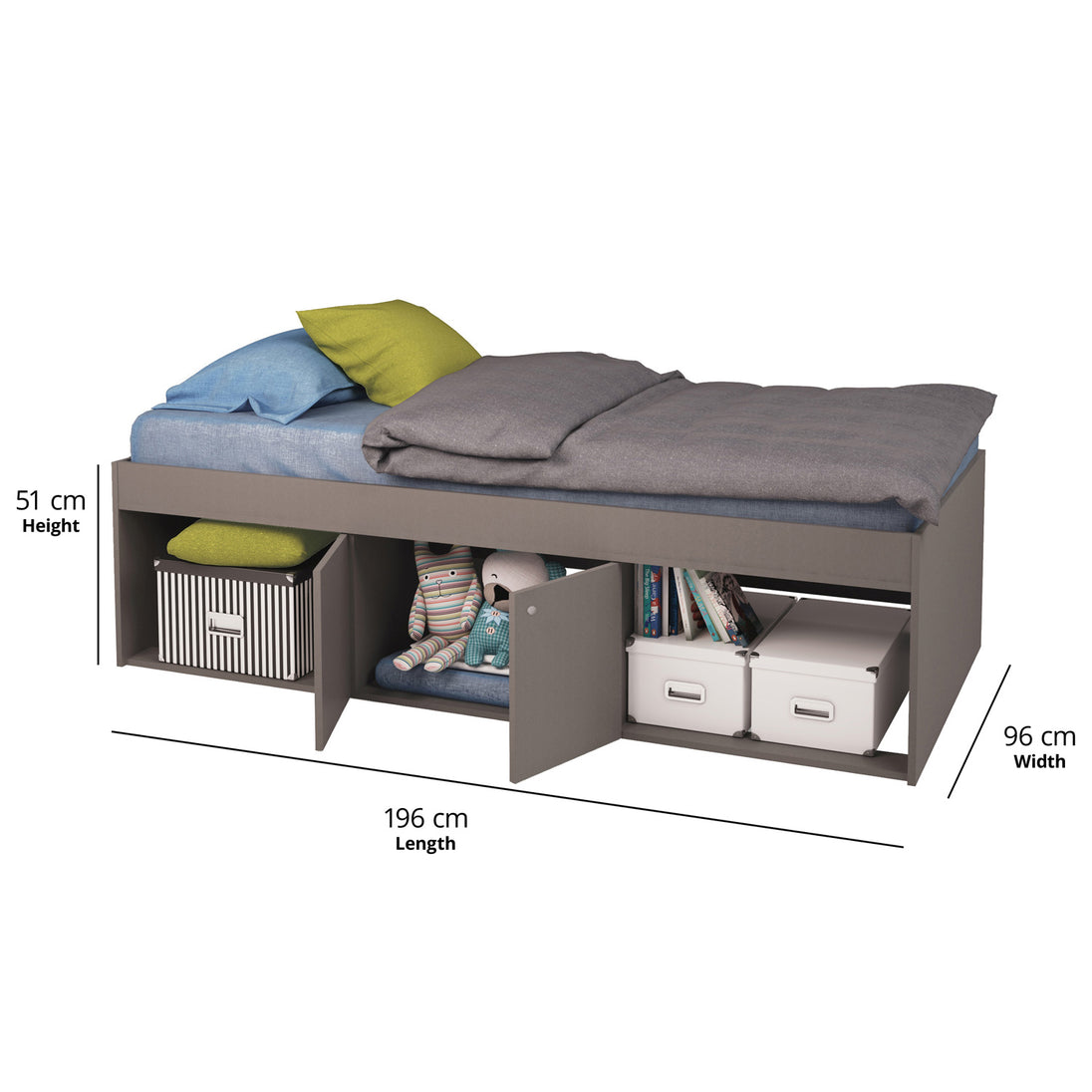 Dimensions of the grey bed frame.