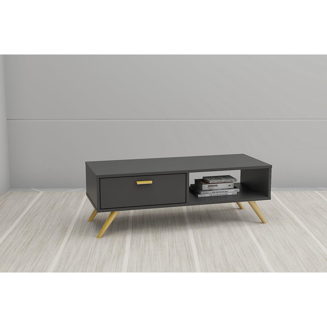 Coffee table in a modernly decorated living room. It shows the 1 left-handed cupboard, right side open back niche and top surface area in use.