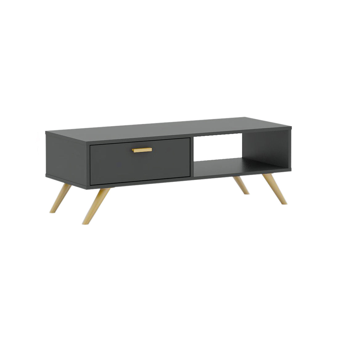 Coffee table with its built-in cupboard and right side open back niche on display.