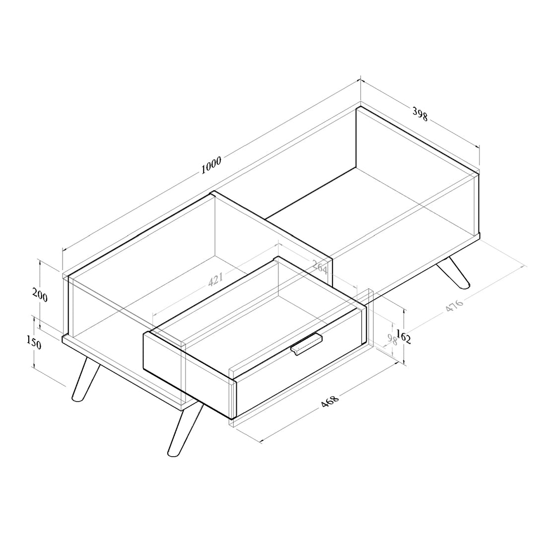 All internal and external dimensions of the coffee table.