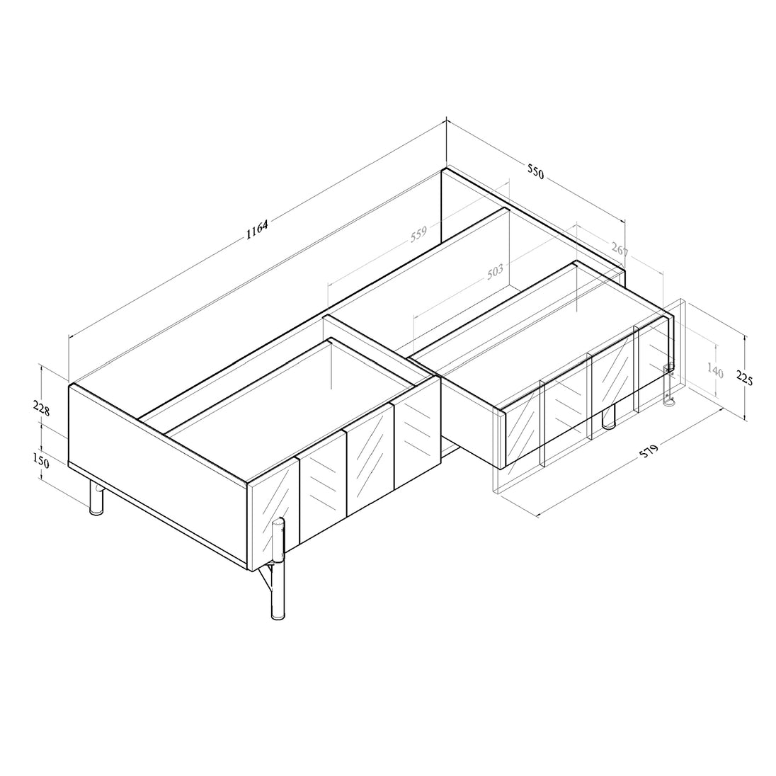 All internal and external dimensions of the coffee table.
