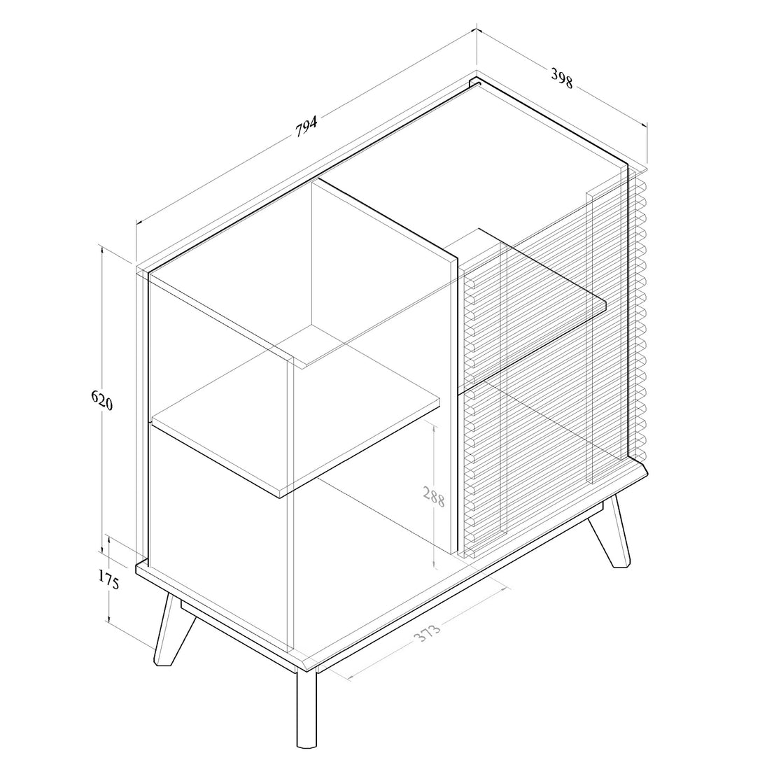 All internal and external dimensions of the display cabinet.