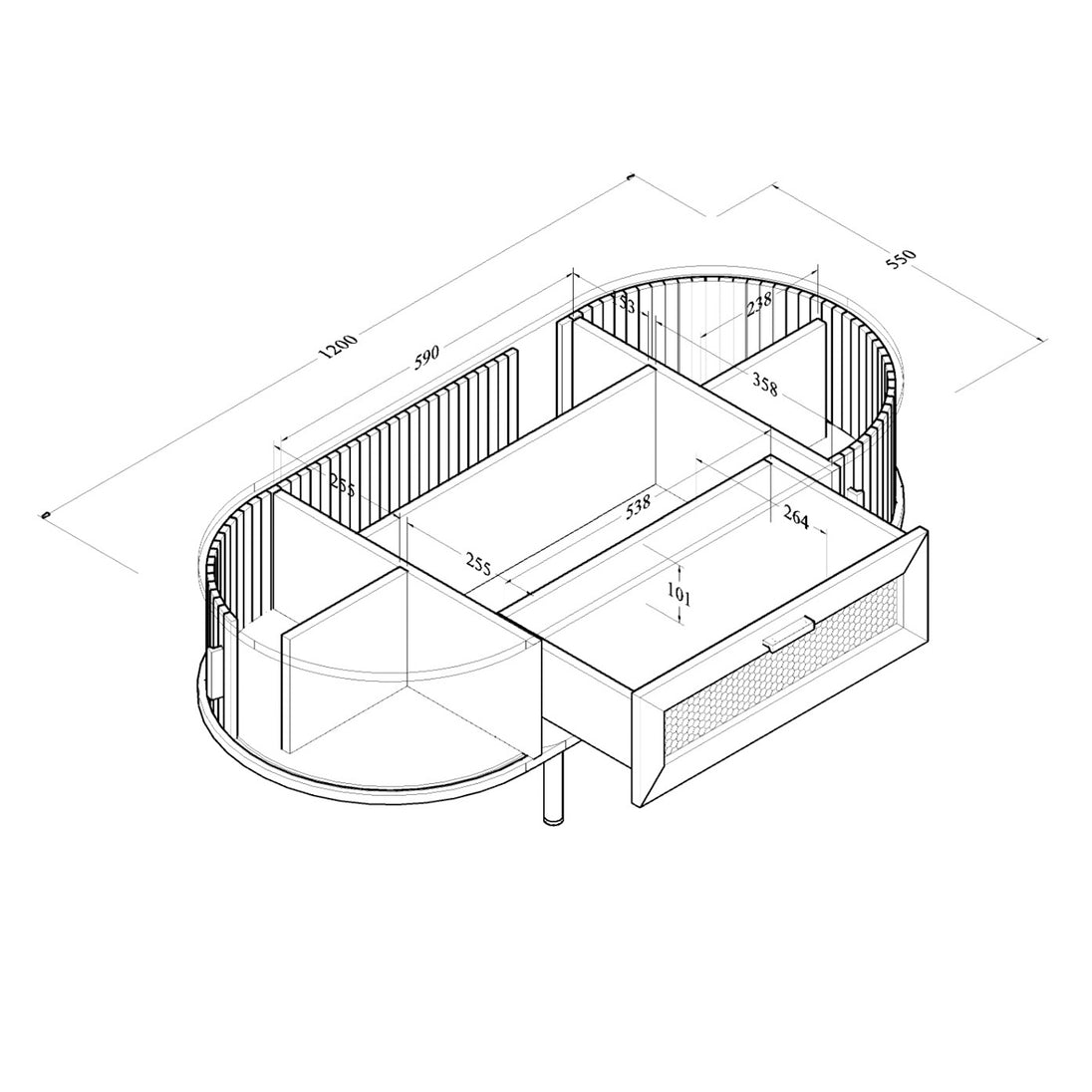All internal and external dimensions of the coffee table.