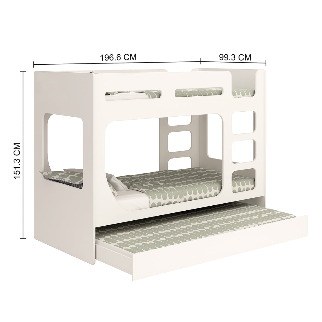 Dimensions of the bunk bed. Trundle dimensions not included as it tucks underneath the bunk.