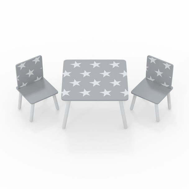 A grey toddler table and 2 chair furniture set featuring white star graphics.