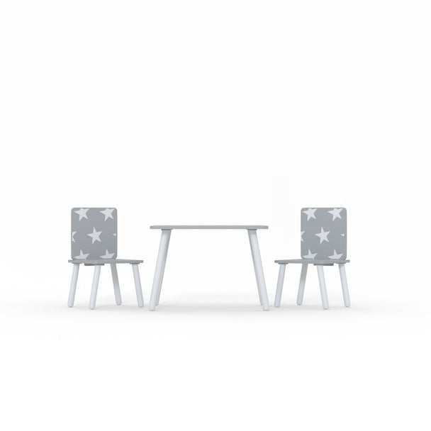 The toddler table and 2 chair set as if you were looking at it from the front, at ground level.