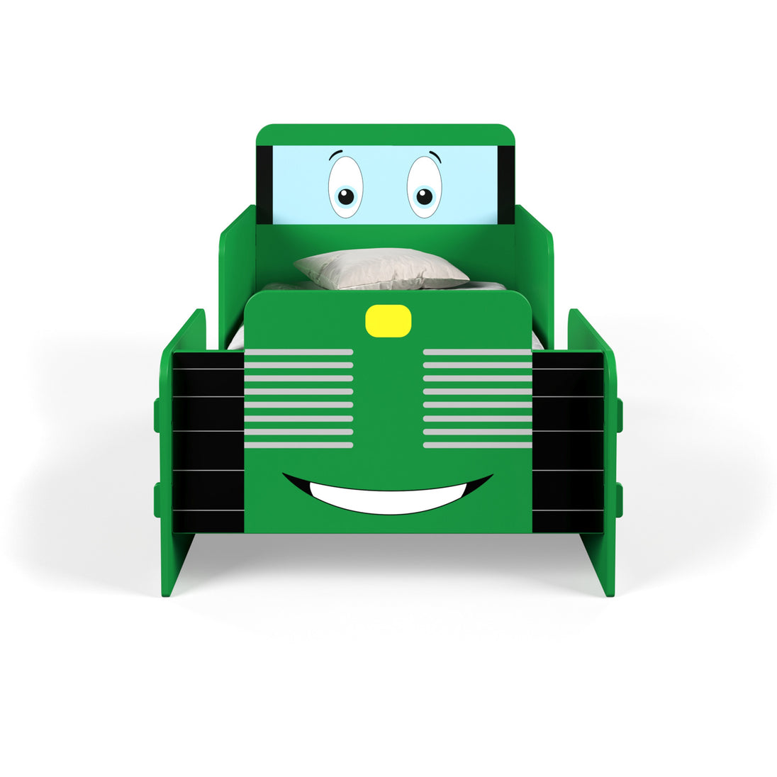 Toddler bed from the front. It shows how the tractor graphics look on the footboard and headboard panels.