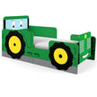 Toddler bed at an angle. It shows how the tractor graphics look on the footboard, left side and headboard panels.
