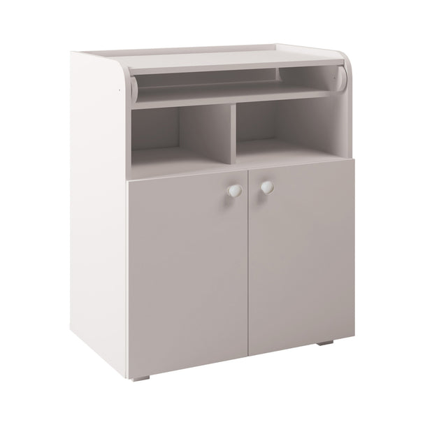 White storage unit with a built-in changing board and 2 open recesses. It also has a 2 door storage cupboard underneath.