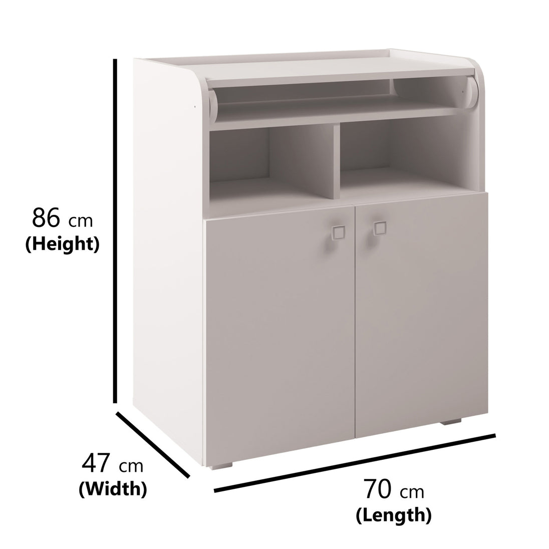 Dimensions of the white storage unit with the changing board folded in.