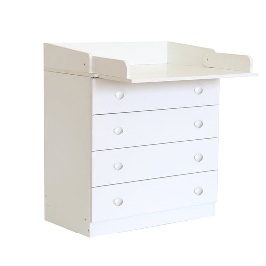 White 5 drawer storage unit with the changing board extended out.