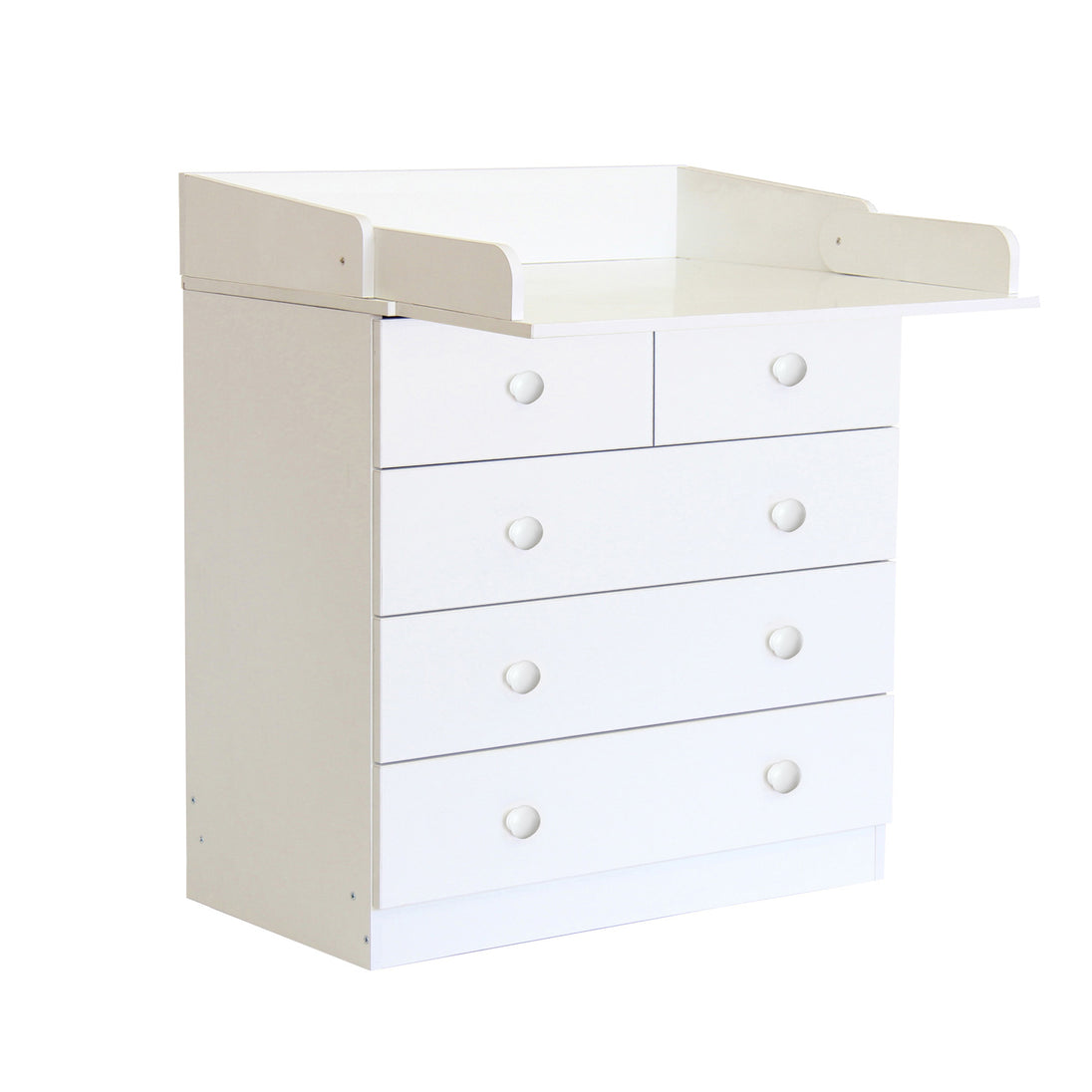 White 4 drawer storage unit with the changing board extended out.