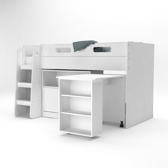 Side view of the white mid sleeper bed. It shows off the included desk, which can be tucked under the bed frame when not in use.