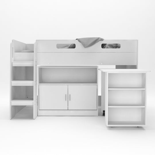 Front view of the mid sleeper bed. It shows off the included desk and 2 door storage cupboard.