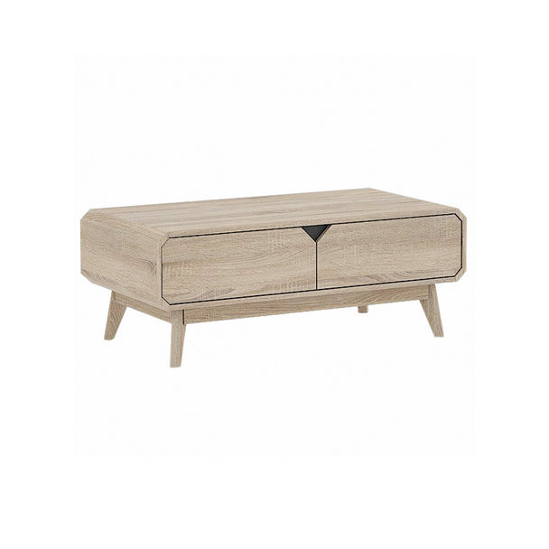 Coffee table with its built-in 2 drawers on display.