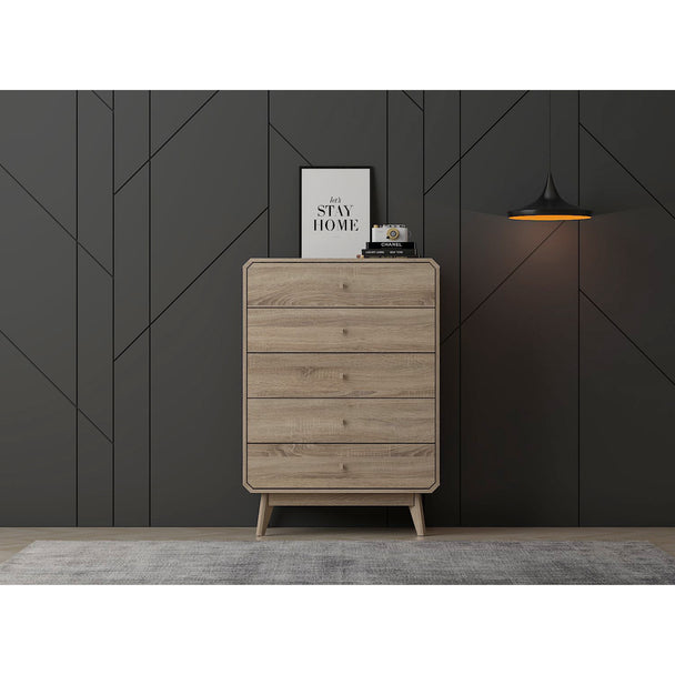 5 drawer chest on show in a modernly decorated room.