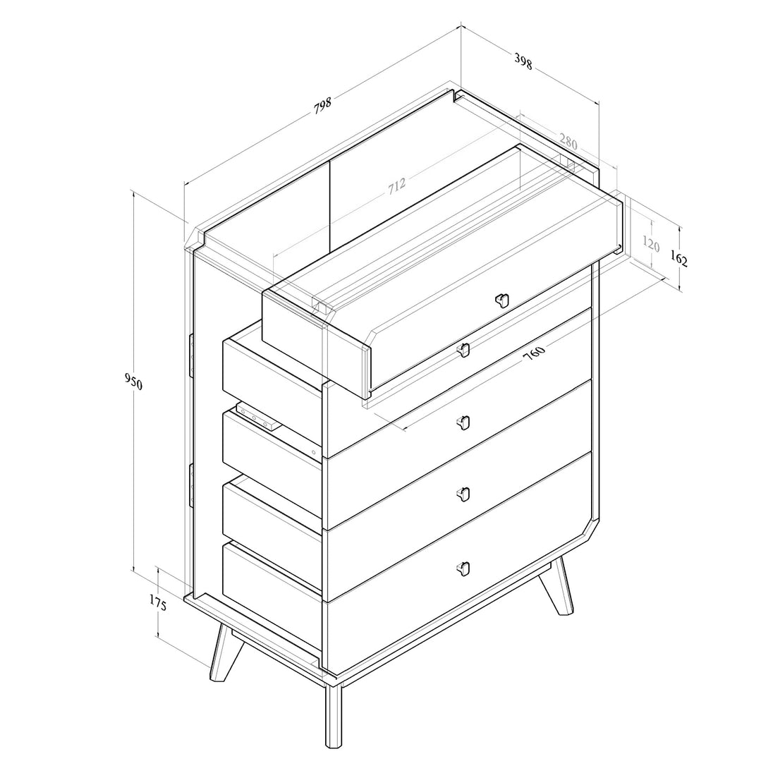 All internal and external dimensions of the chest of drawers.