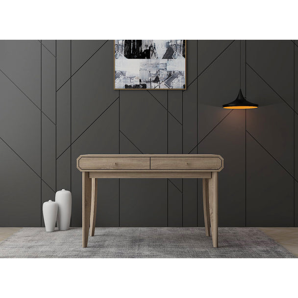 Dressing table (or desk) on show in a modernly decorated room.