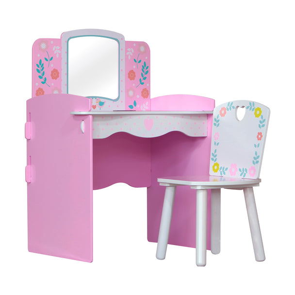 Side view of the pink/white dressing table and chair together. It shows off the floral design.