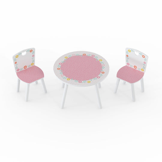 A white toddler table and 2 chair furniture set. It shows the pink polka dot and multi-colour floral pattern designed graphics.