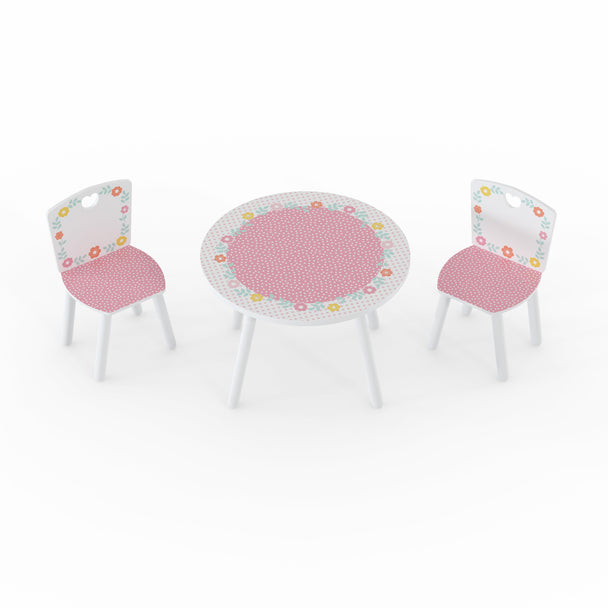 A white toddler table and 2 chair furniture set. It shows the pink polka dot and multi-colour floral pattern designed graphics.