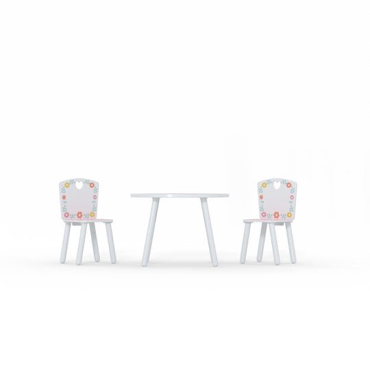 Toddler table and 2 chair set as if you were looking at it from the front, at ground level.