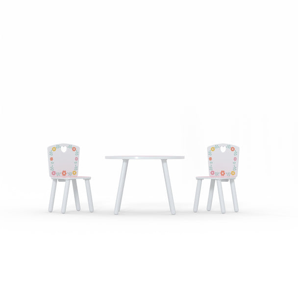 Toddler table and 2 chair set as if you were looking at it from the front, at ground level.