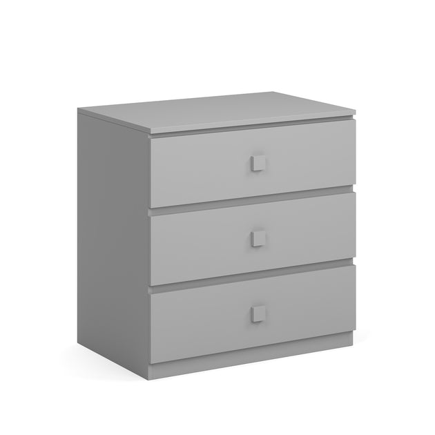 A grey chest of drawers, featuring 3 pull out drawers.