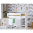 Modernly decorated bed room featuring the white mid sleeper. The included desk & drawers are tucked underneath it, out of the way.