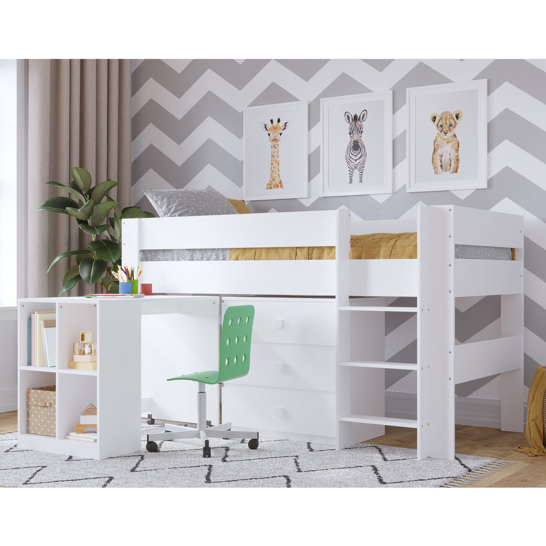 Modernly decorated bed room featuring the white mid sleeper. The included desk & drawers are tucked underneath it, out of the way.
