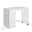 A white desk with a 4 cube bookcase built-in to the side.